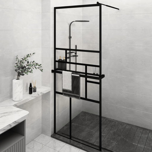 vidaXL Walk-in Shower Wall with Shelf Black 31.5"x76.8" ESG Glass&Aluminum-0